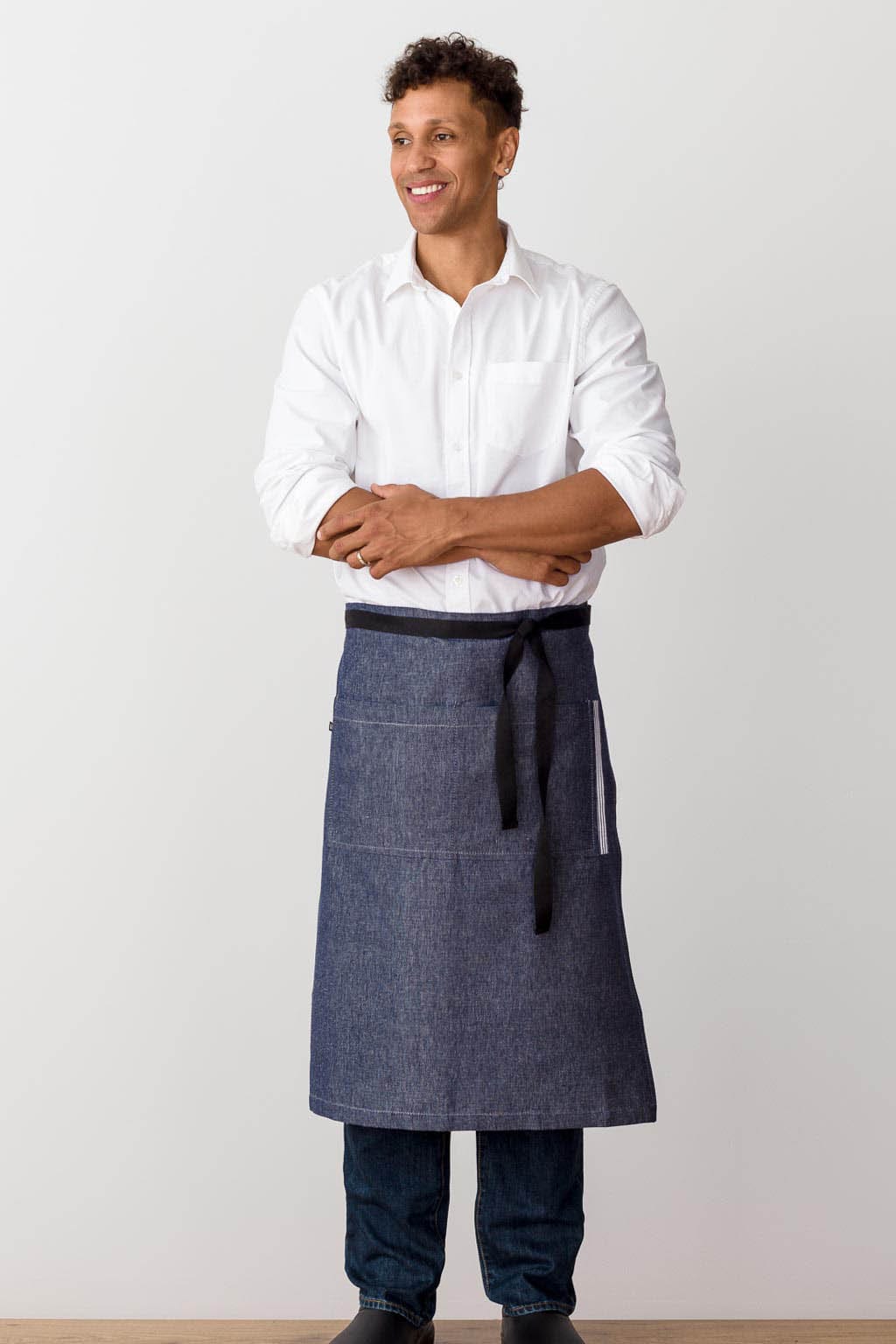Bistro Server Half Apron, Cotton, Blue Jean Denim, Front View, Men, Women