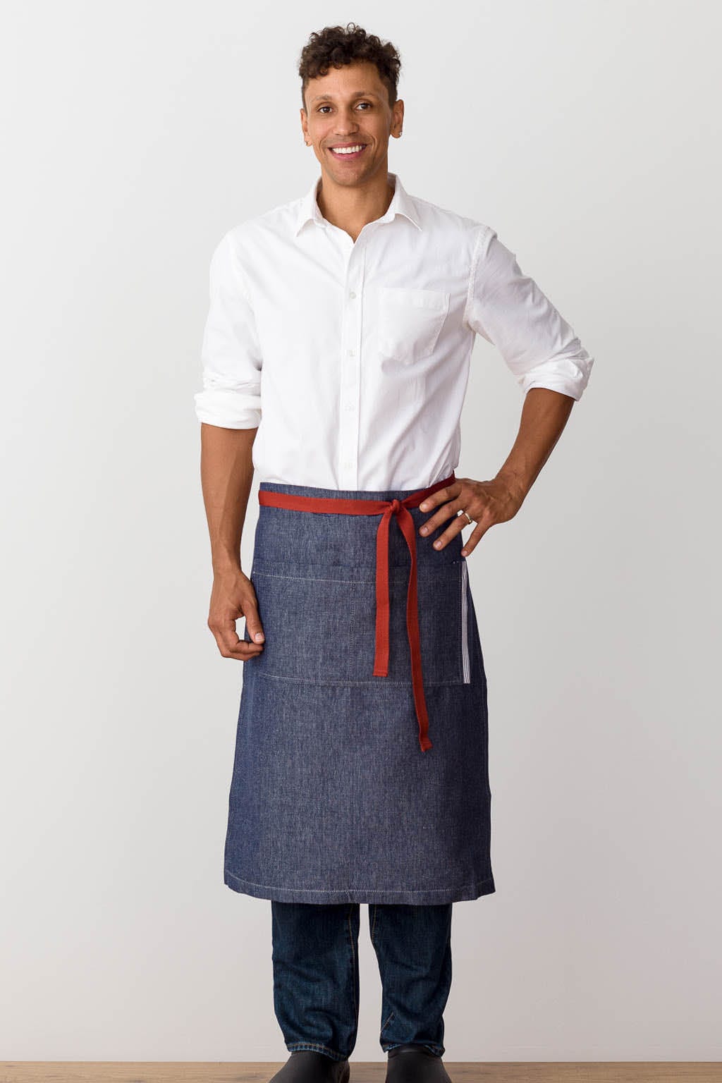 French Bistro Server Half Apron, Cotton, Blue Jean Denim, Front View, Men, Women, Durable