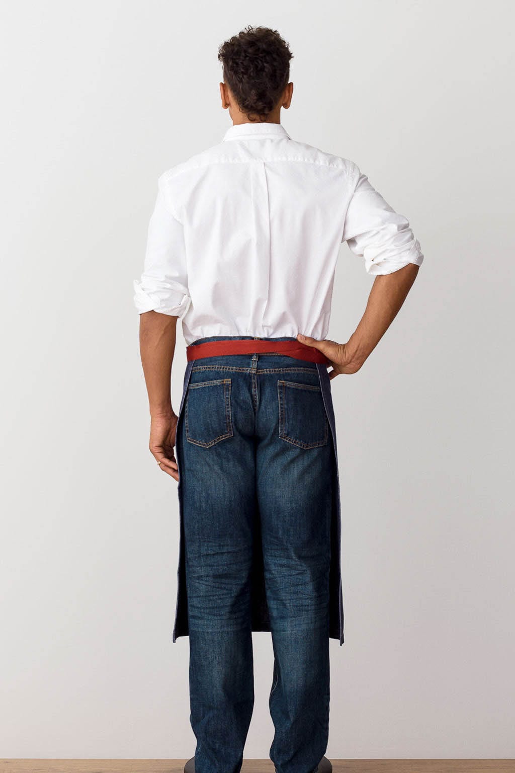 French Bistro Server Half Apron, Cotton, Blue Jean Denim, Red Straps, Rear View, Durable