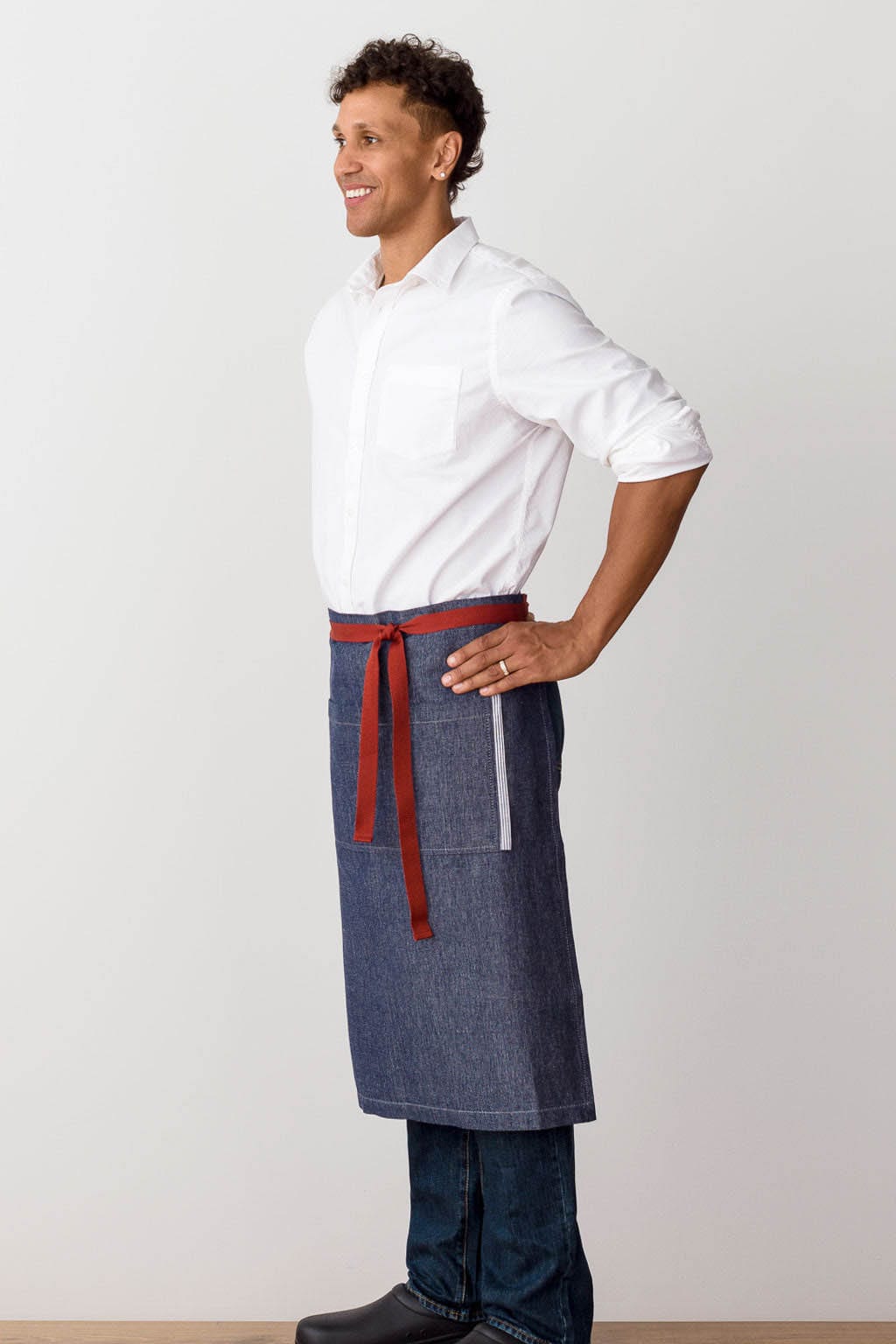 French Bistro Server Long Waist Apron, Cotton, Blue Jean Denim, Red Straps, Side View