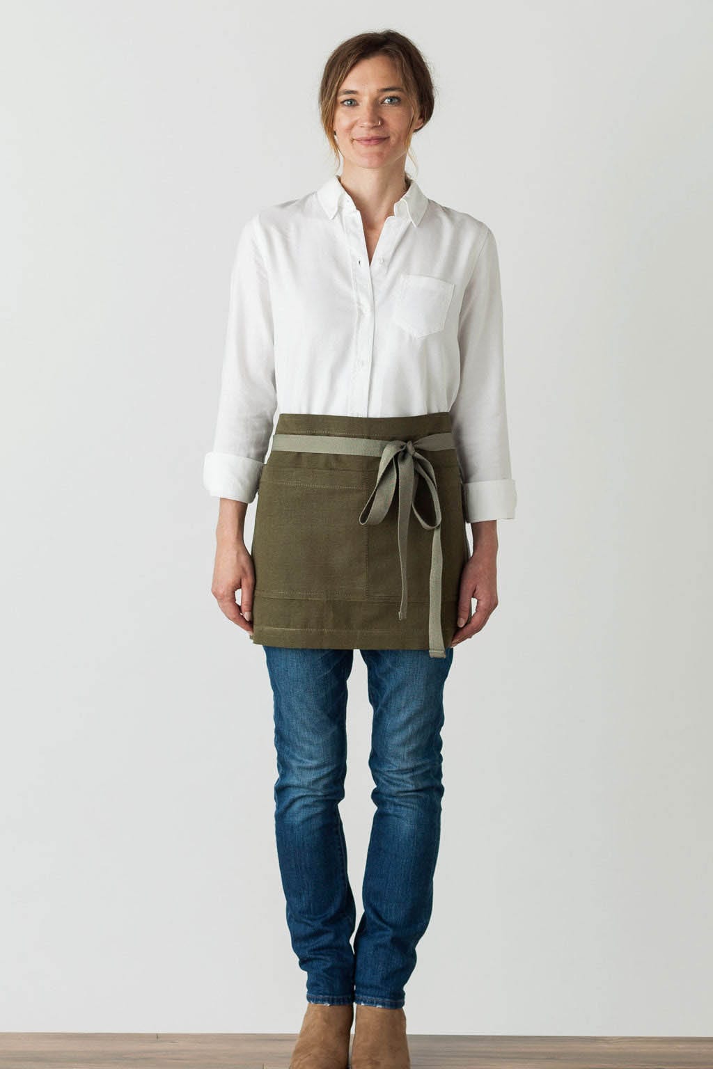 Server Waist Apron, Cotton, Olive Green, Front View, Men, Women, Top Restaurant Supplier