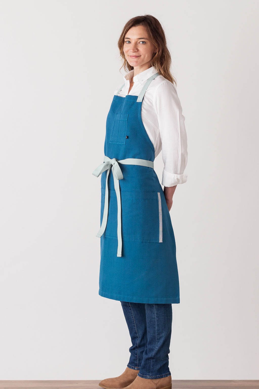 Classic Bib Apron, Cotton Canvas, Seaside Blue, Side View, Worn by Top Chefs, Quick Ship