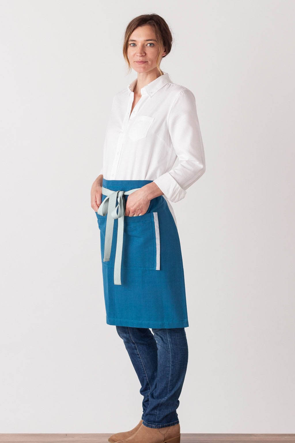 Server Half Apron, Cotton, Seaside Blue, Side View, Professional Quality, Medium Length