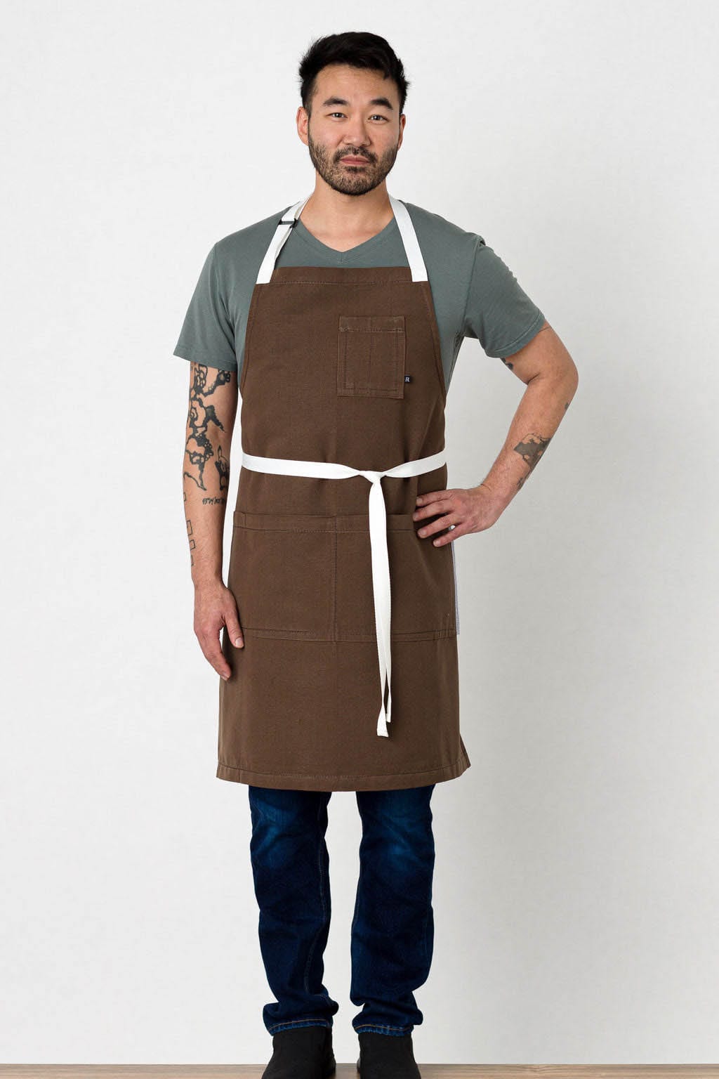 Classic Bib Apron, Cotton, Brown, White Straps, Front View, Men, Women, Bulk Discounts, Best Reviews