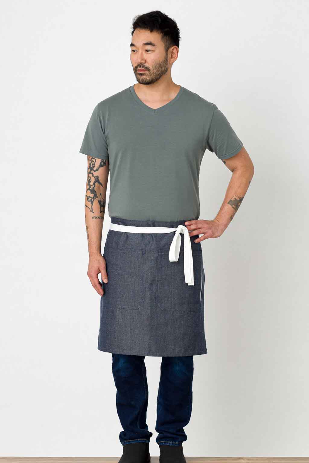 Server Waist Apron, Wrinkle Resistant, Blue Denim, Front View, Men, Women, Bulk Pricing