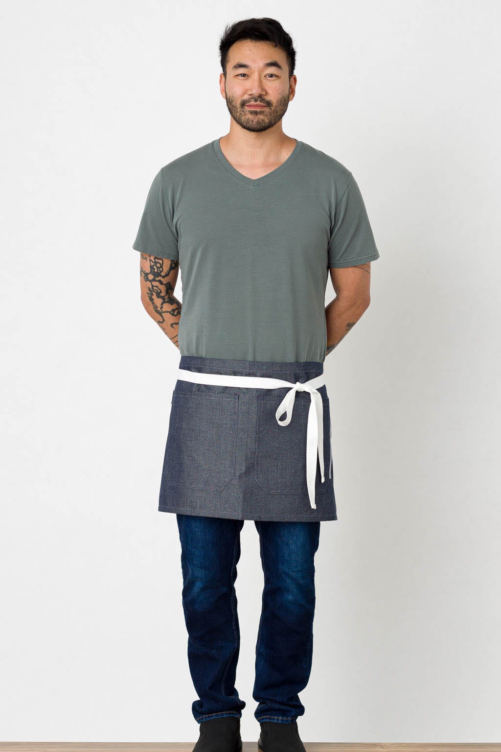Server Waist Apron, Wrinkle Resistant, Blue Denim, Front View, Men, Women, Bulk Pricing