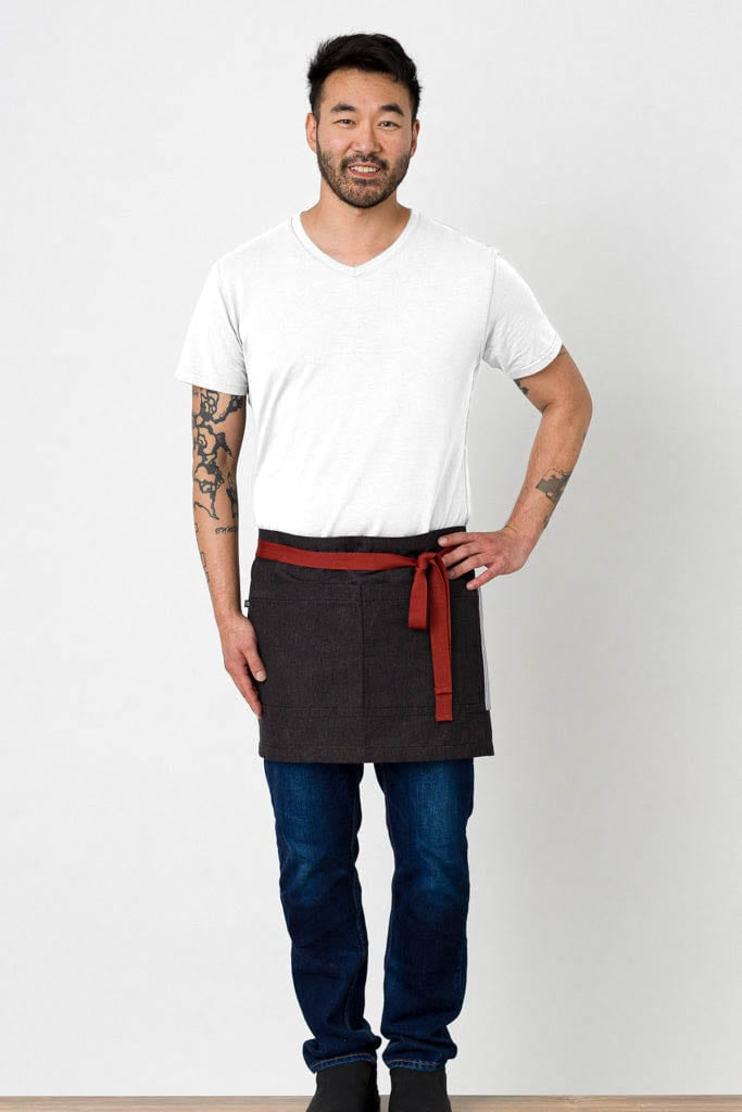 Server Half Apron, Cotton, Black, Red Straps, Front View, Men, Women, Quick Ship