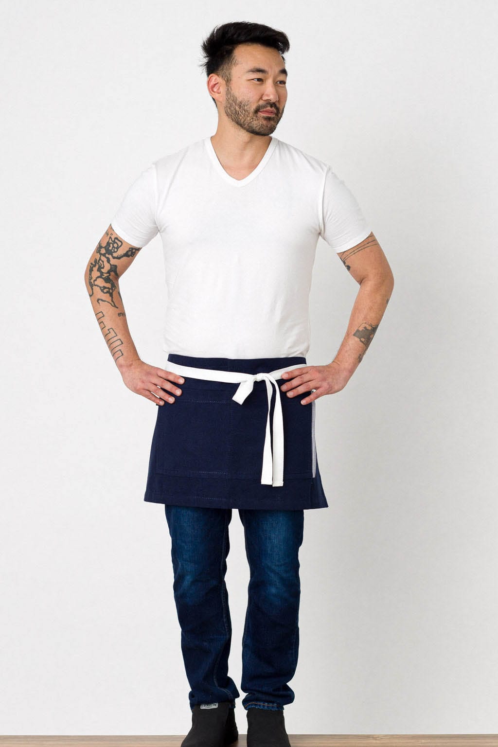 Server Half Apron, Cotton, Navy Blue, Front View, Men, Women, 5-Star Reviews, Pro Quality