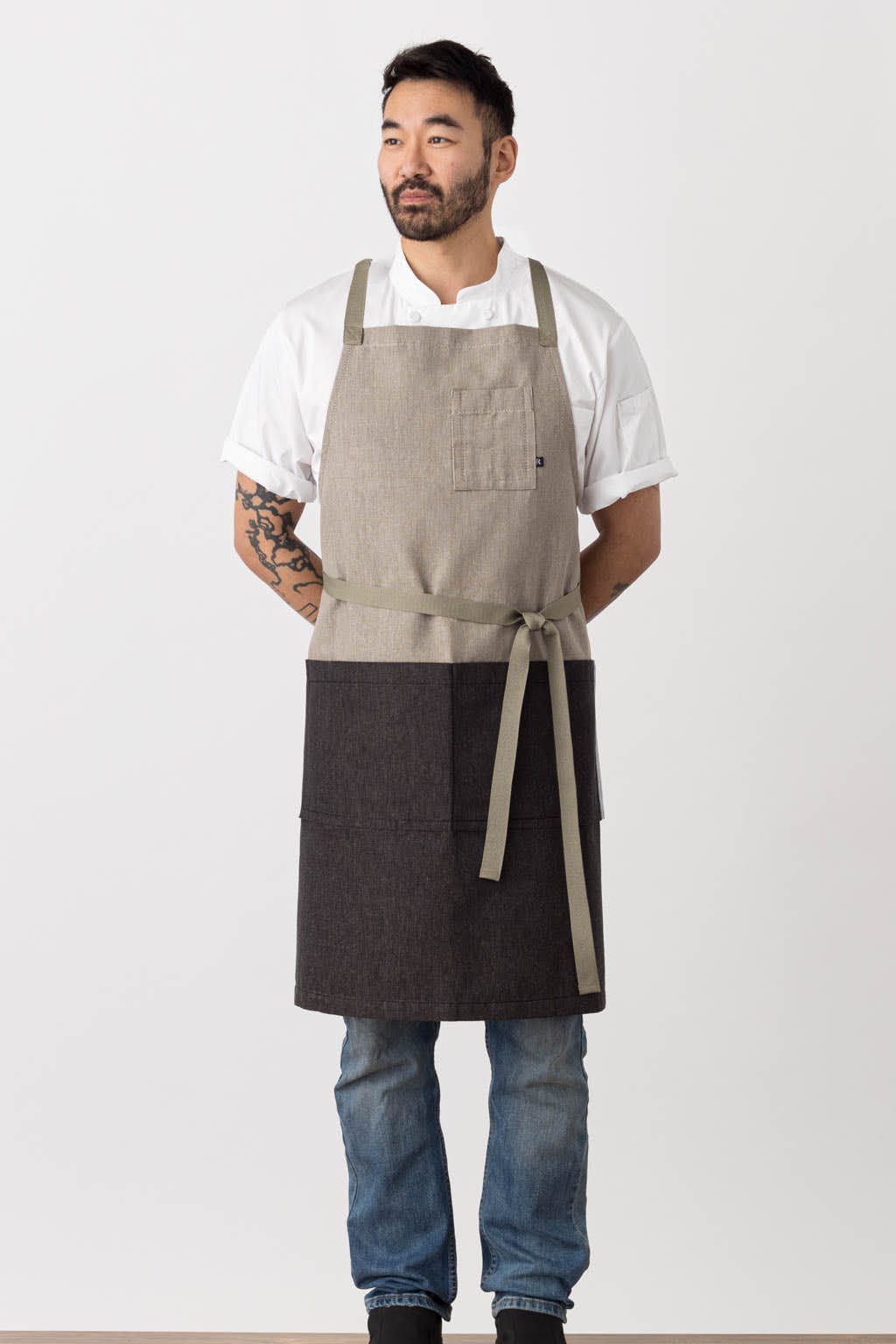 Crossback Bib Chef Apron, Cotton, 2 Tone - Black, Front View, Men, Women, Wholesale