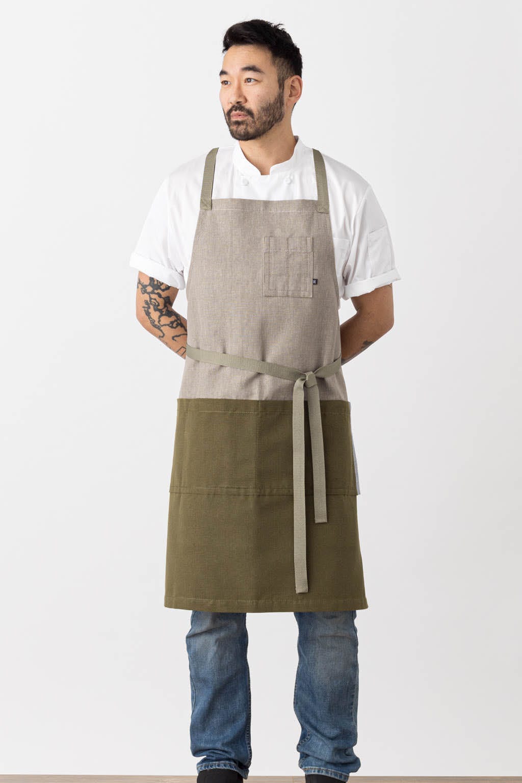 Crossback Bib Chef Apron, 2 Tone - Olive Green, Front View, Men, Women, Industry Pricing