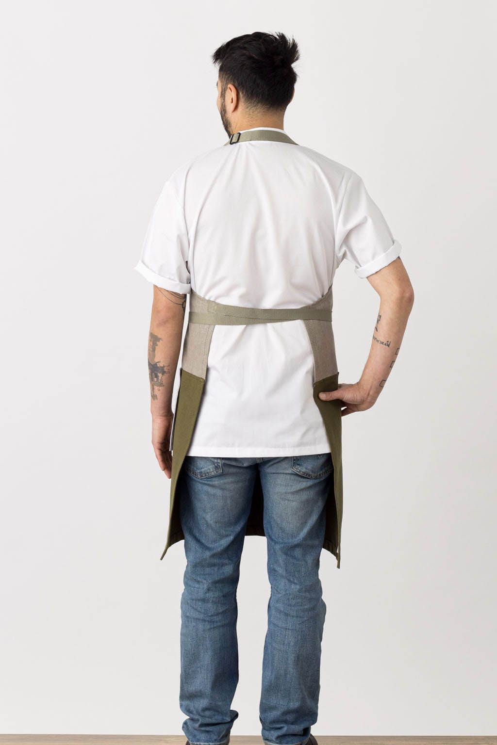 Classic Chef Apron, Cotton, 2 Tone - Olive Green, Rear View, Worn by Top Chefs, Wholesale