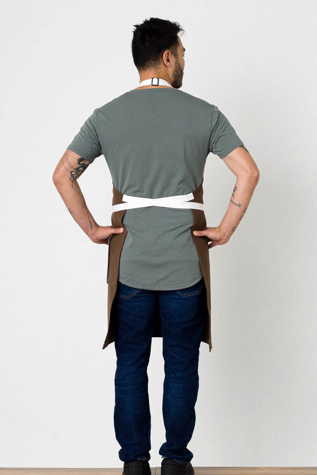 Classic Bib Apron, Cotton, Brown, White Straps, Rear View, Premium Quality, Quick Ship, Durable