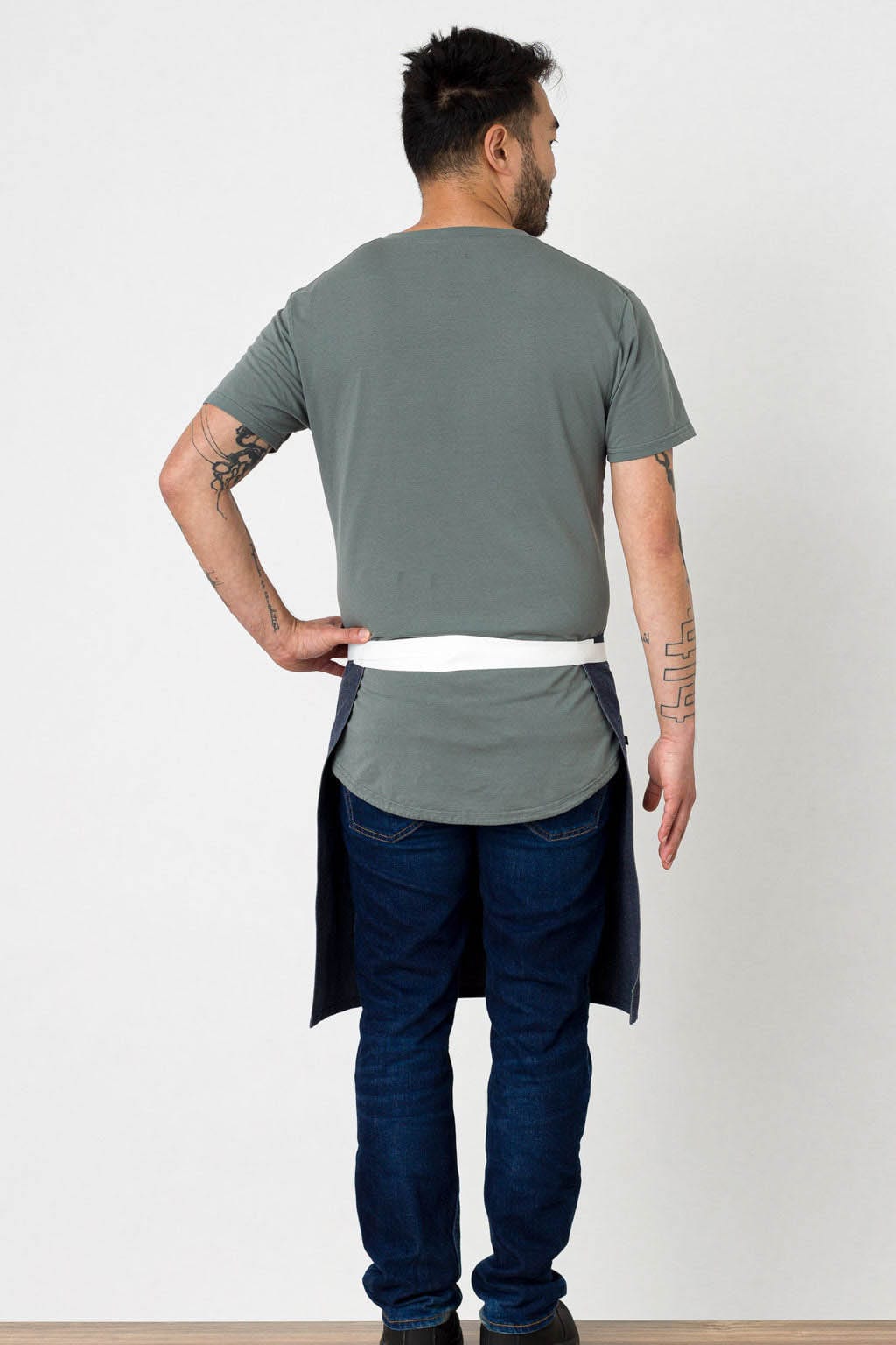 Bistro Server Half Apron, Wrinkle Resistant Fabric, Blue Denim, Rear View, Pro Quality