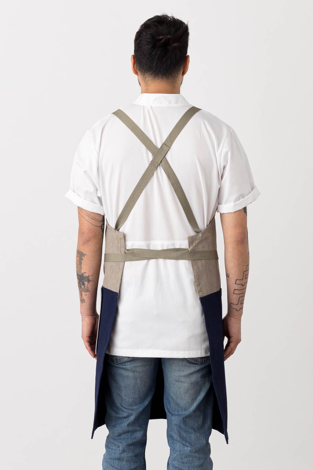 Crossback Bib Chef Apron, 2 Tone - Navy Blue, Rear View, Stylish Design, Restaurant Favorites