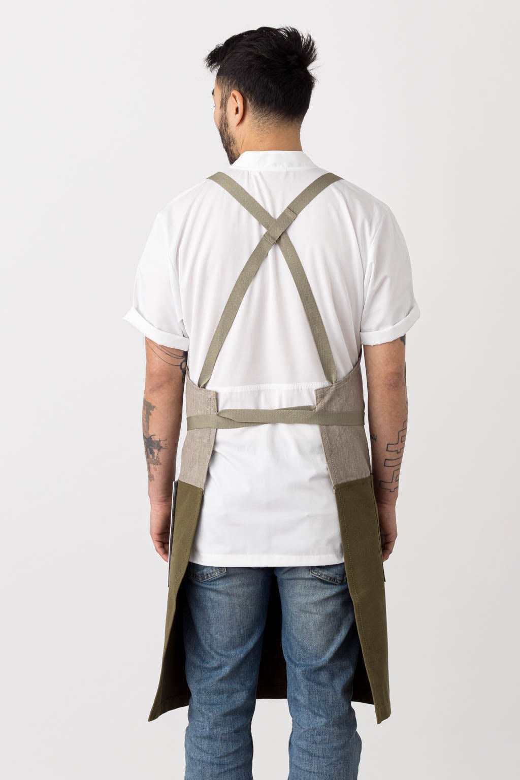 Crossback Chef Apron, 2 Tone - Olive Green, Rear View, Industry Pricing, Modern Design