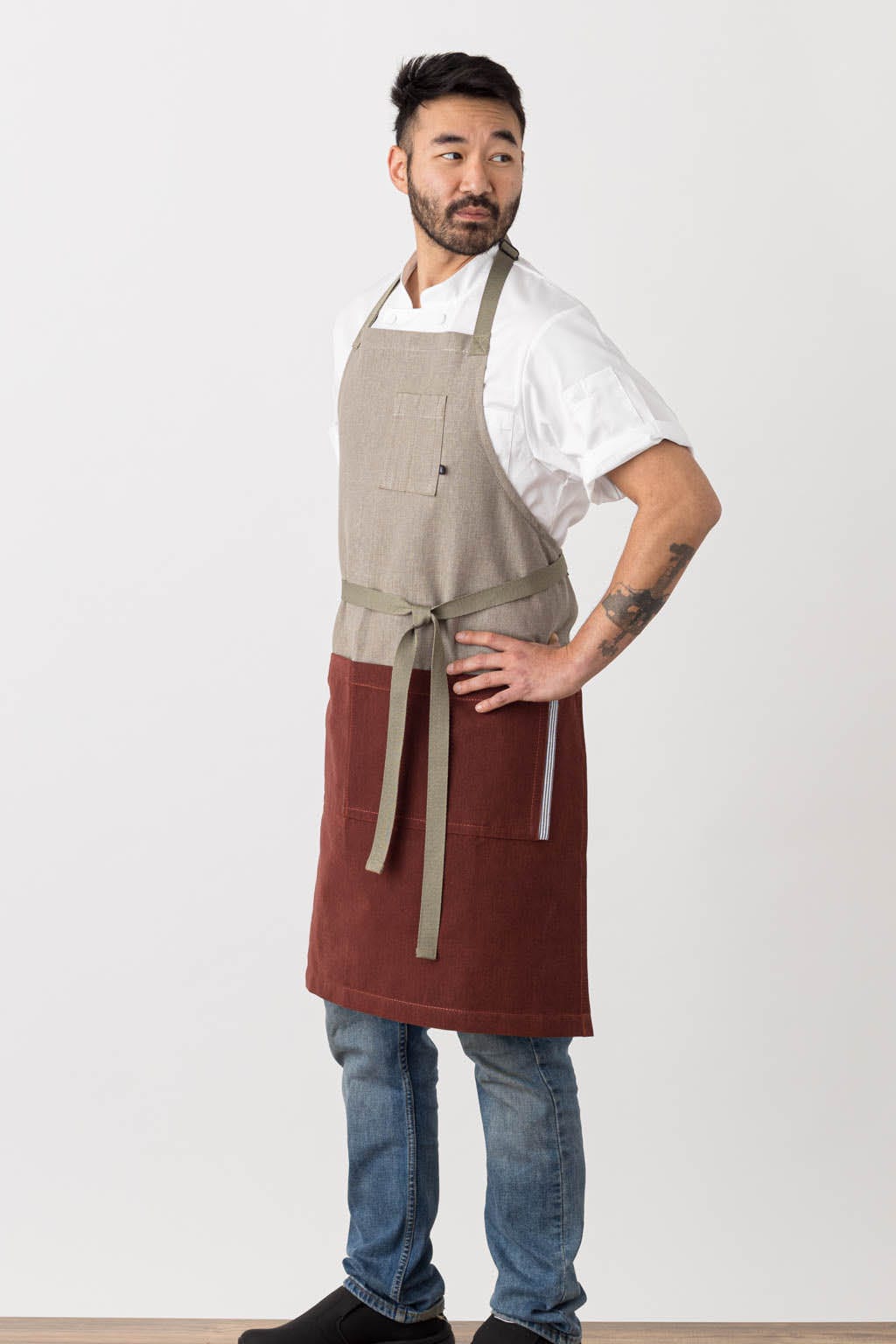 Classic Chef Apron, Cotton, 2 Tone - Maroon Red, Side View, Pro, Top Restaurant Supplier