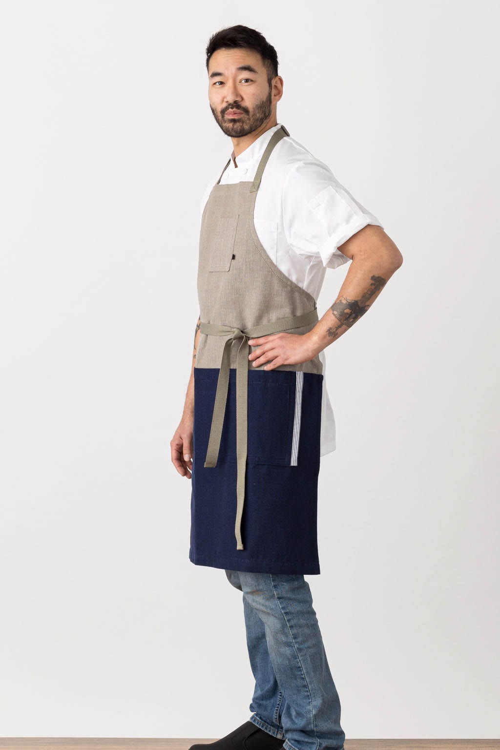 Classic Chef Apron, Cotton, 2 Tone - Navy Blue, Side View, Pro, Affordable