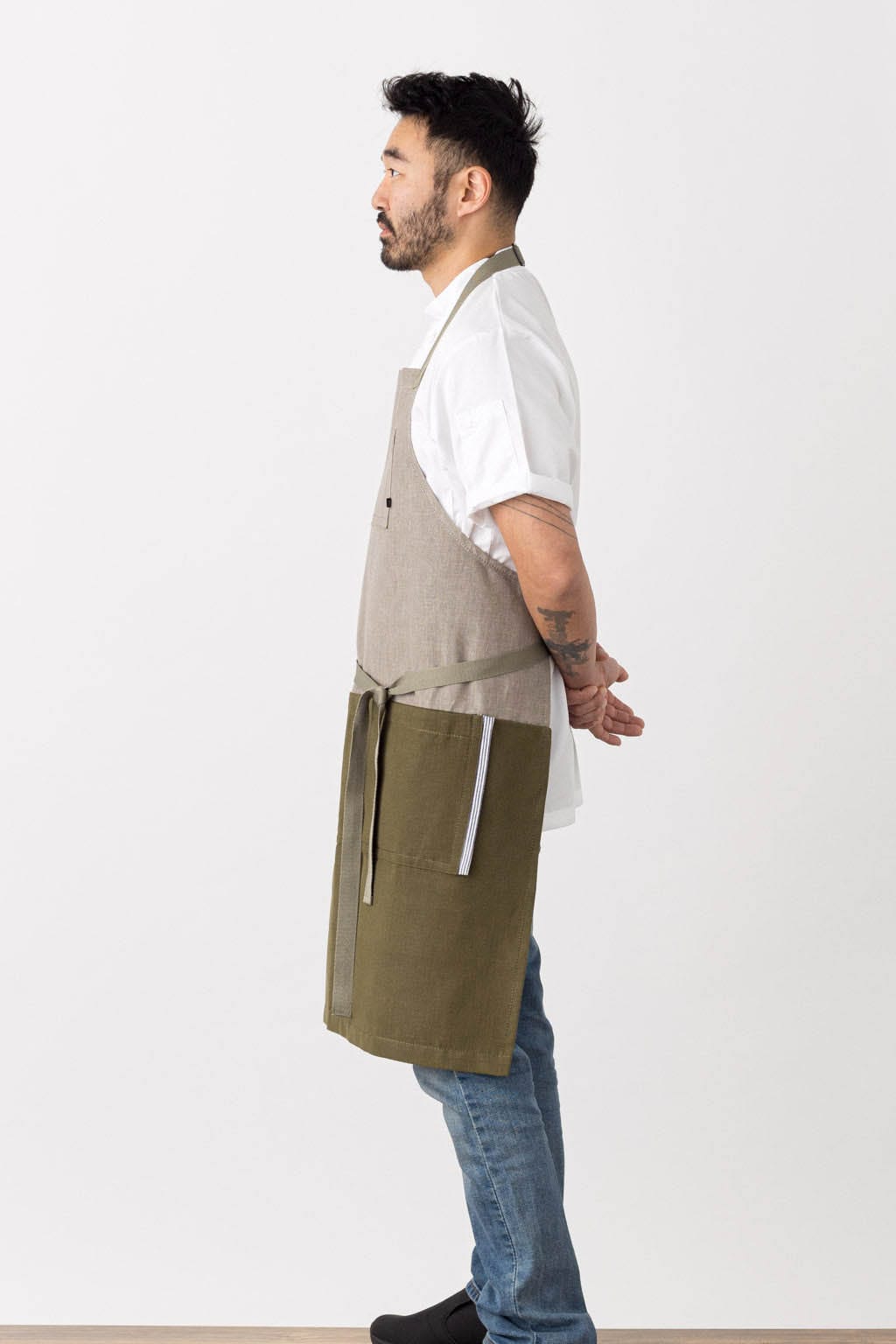 Classic Chef Apron, Cotton, 2 Tone - Olive Green, Side View, Industry Pricing, Wholesale