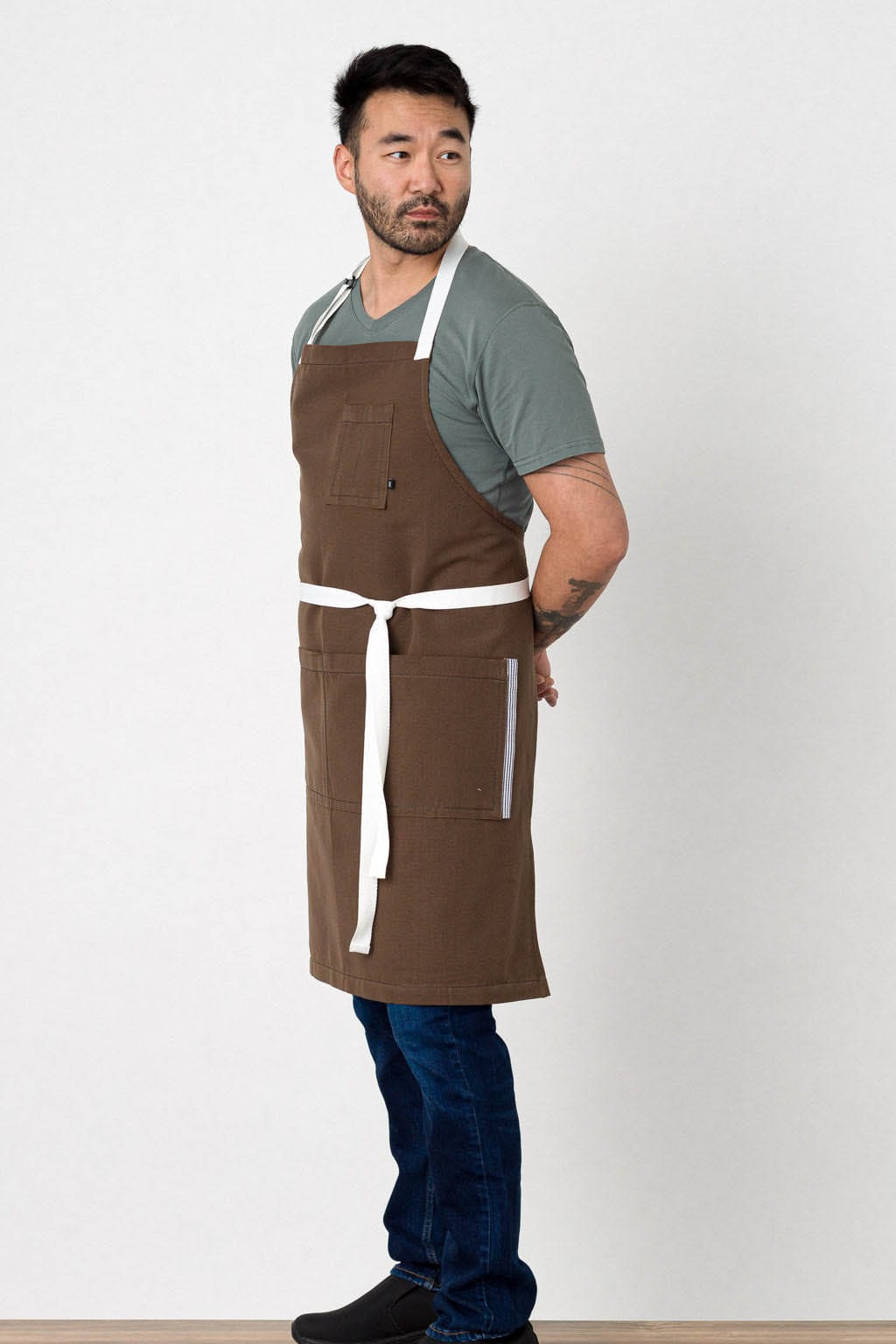 Classic Bib Apron, Cotton, Brown, White Straps, Side View, Pro, Best Reviews by Customers, Premium Fabrics