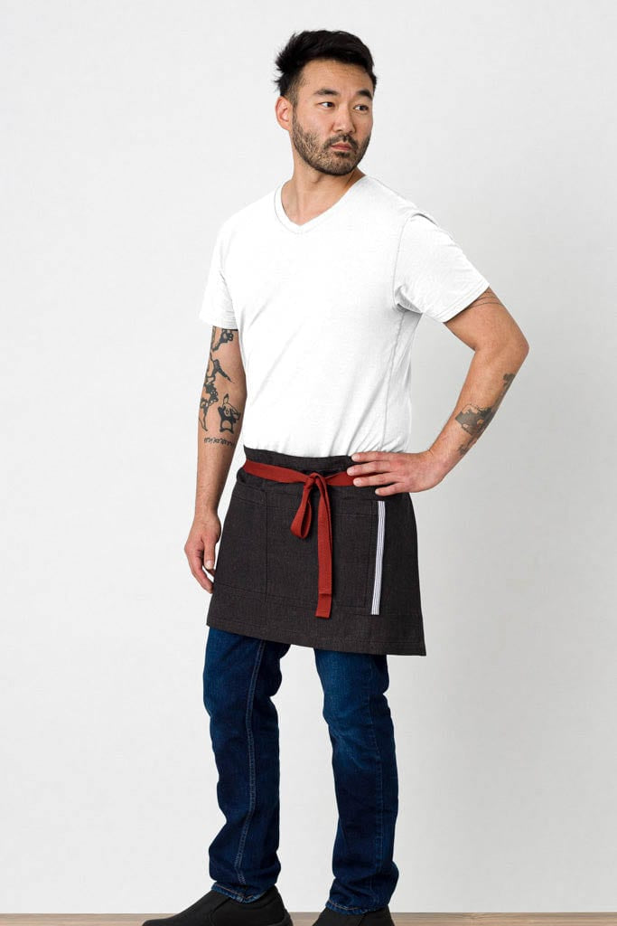 Server Half Apron, Cotton, Black, Red Straps, Side View, Pro, Quick Ship, Industry Pricing