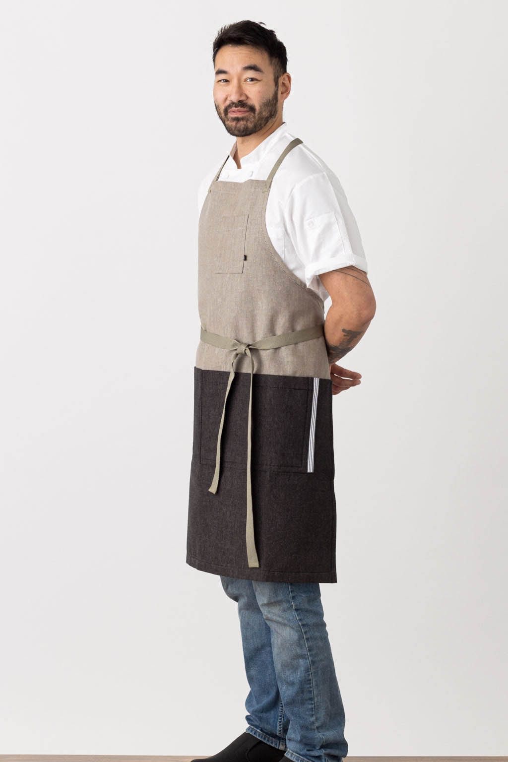 Crossback Chef Apron, Cotton, 2 Tone - Black, Side View, Volume Discounts, Wholesale