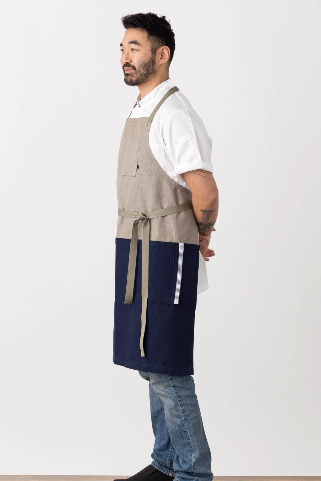 Crossback Chef Apron, 2 Tone - Navy Blue, Side View, Premium Quality, Modern Style