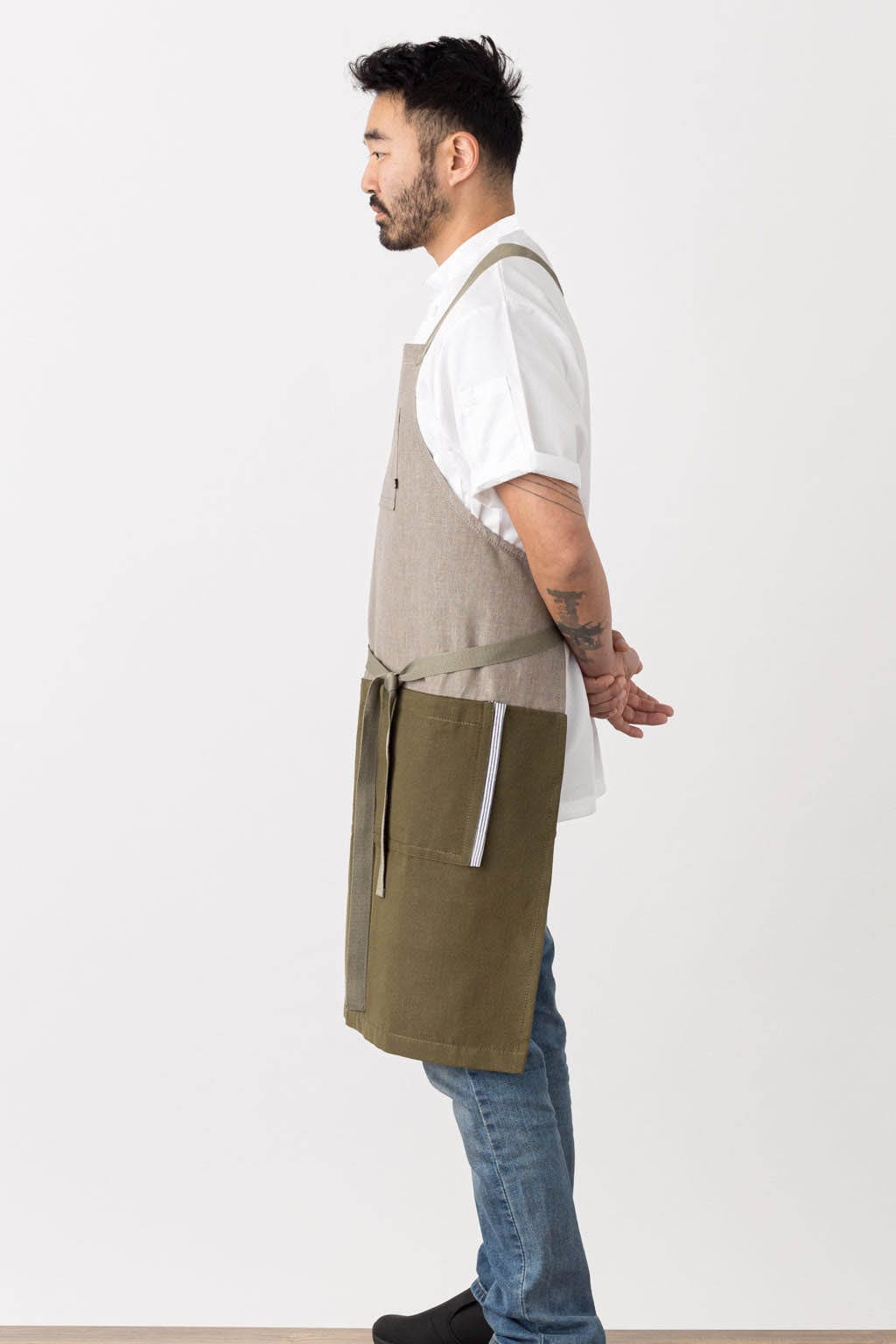 Comfortable Crossback Chef Apron, Cotton, 2 Tone - Olive Green, Side View, 5-Star Reviews