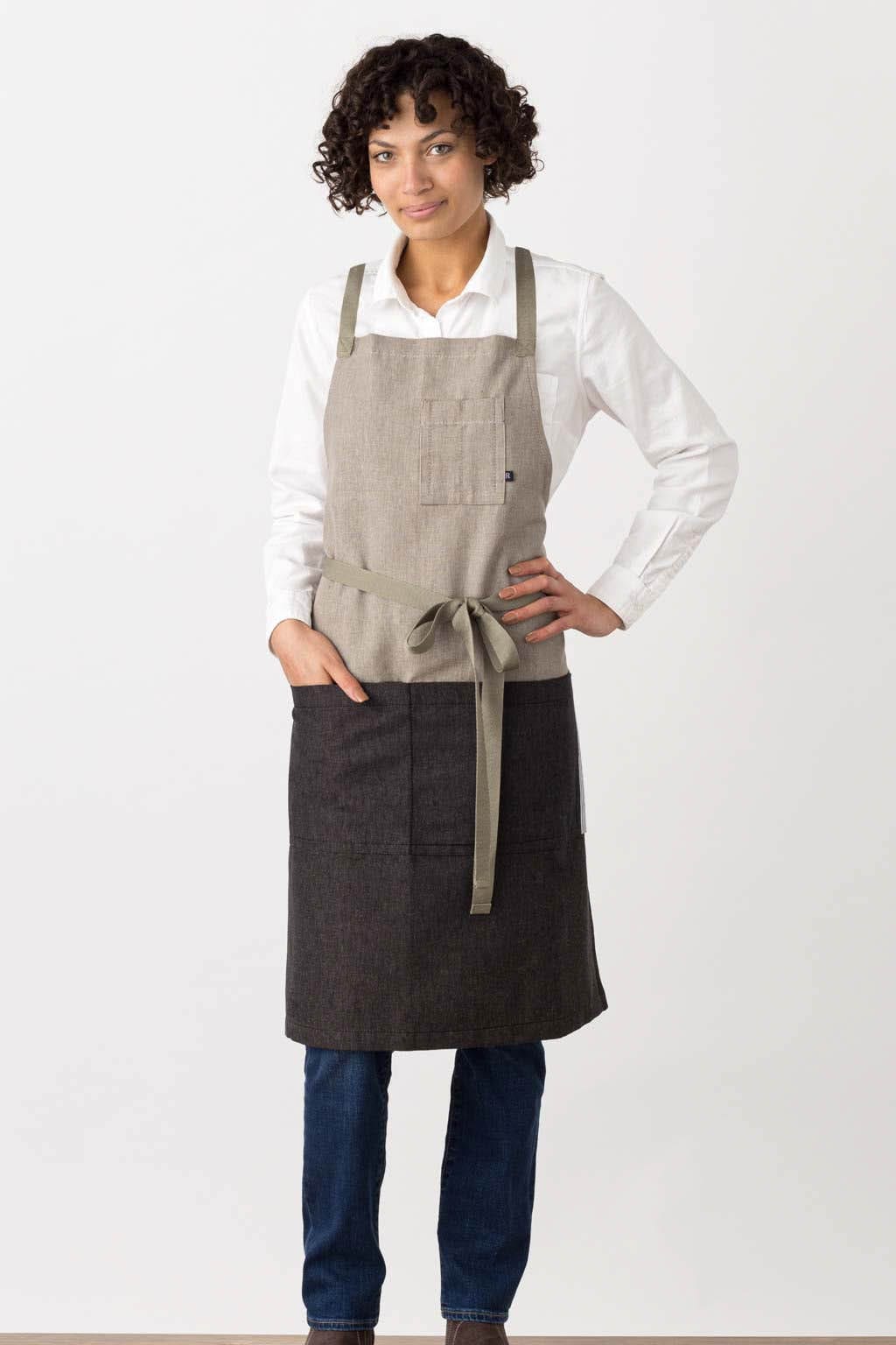 Crossback Chef Apron, Cotton, 2 Tone - Black, Front View, Men, Women, Premium Quality