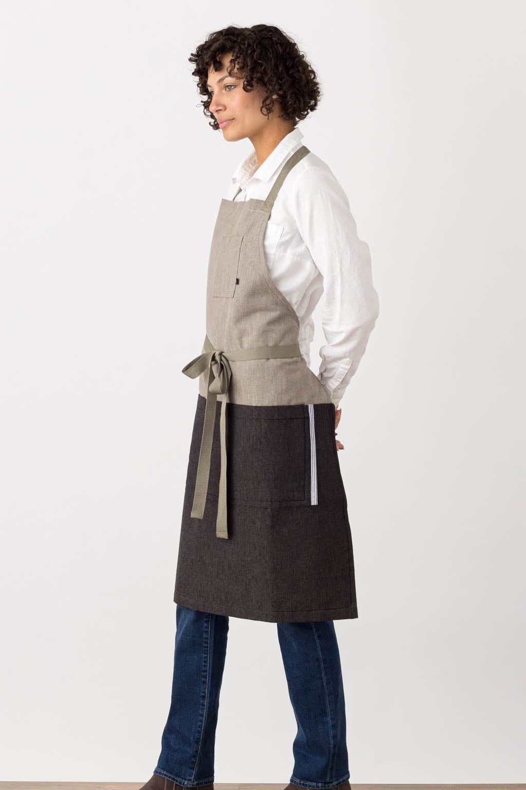 Crossback Bib Chef Apron, Cotton, 2 Tone - Black, Side View, Volume Discounts, Wholesale