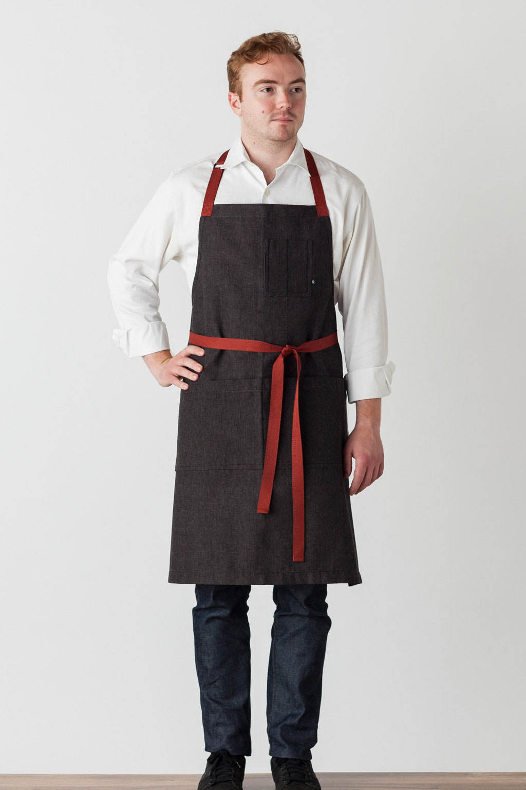 Classic Bib Apron, Cotton, Black, Red Straps, Front, Men, Women, Premium Apron, 5-Star Reviews, Wholesale