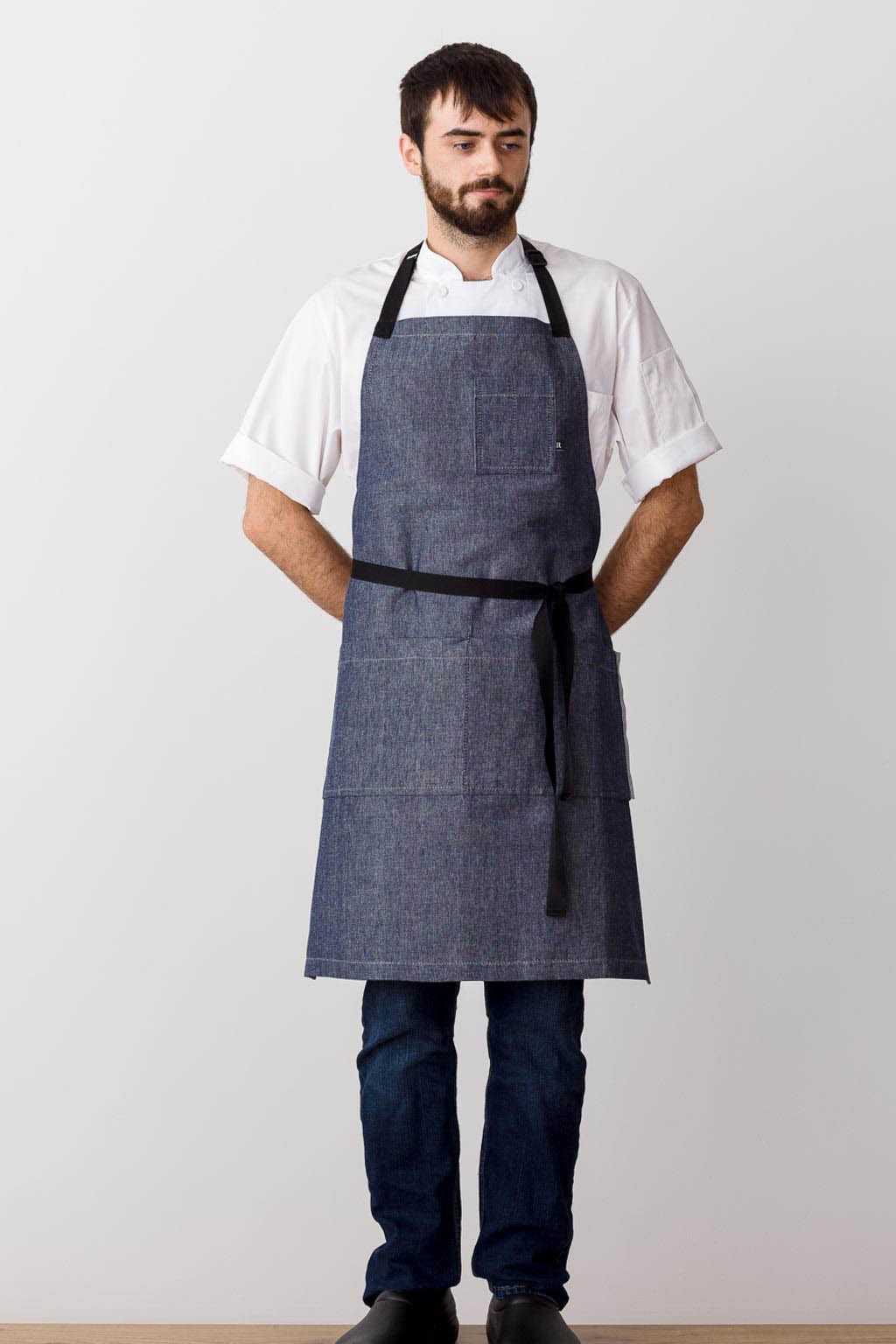 Classic Chef Apron, Cotton, Blue Denim, Front View, Men, Women, Cooks, Top Quality, Professional