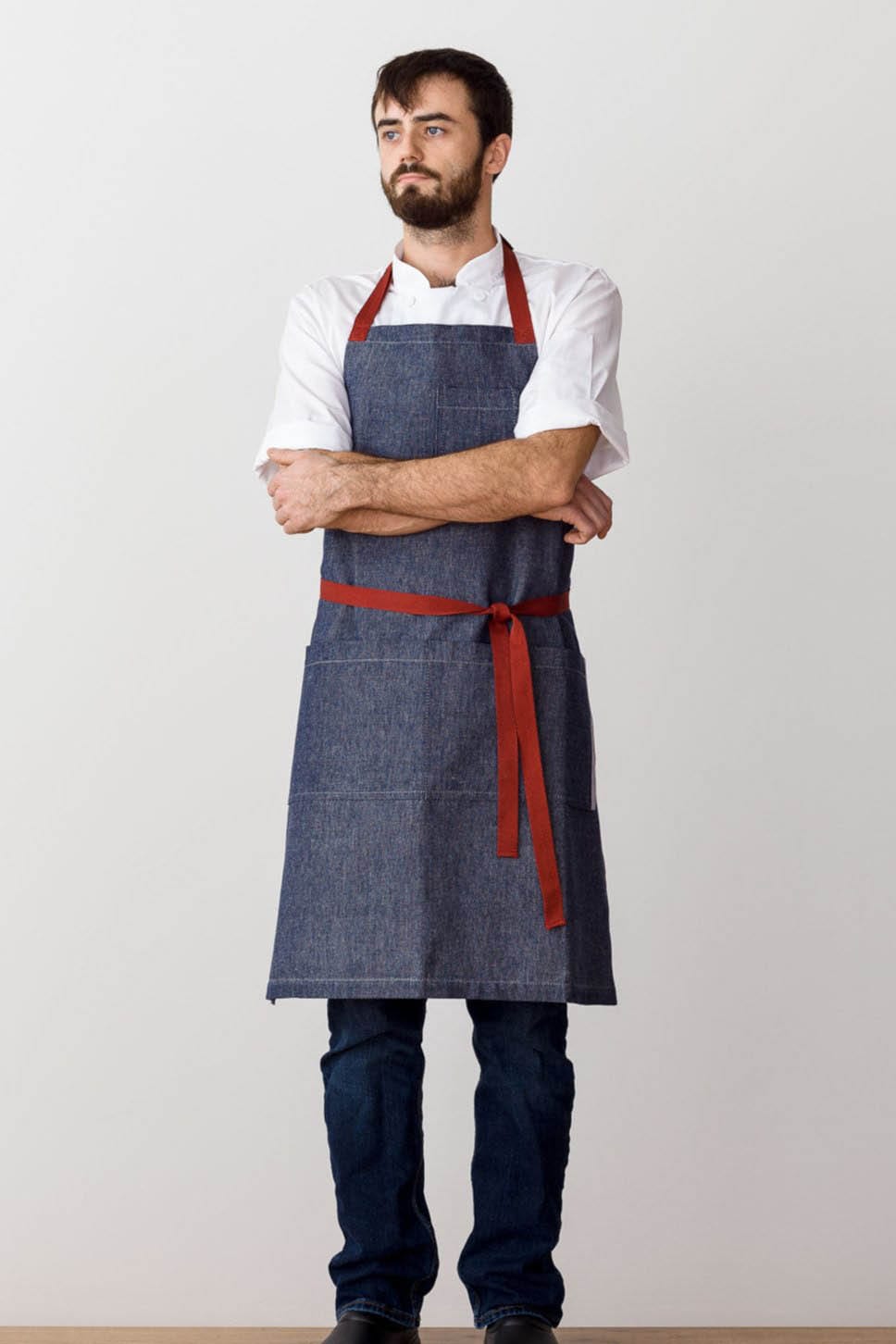 Classic Bib Apron, Cotton Canvas, Blue Denim, Red Straps, Front View, Men, Women, Quality