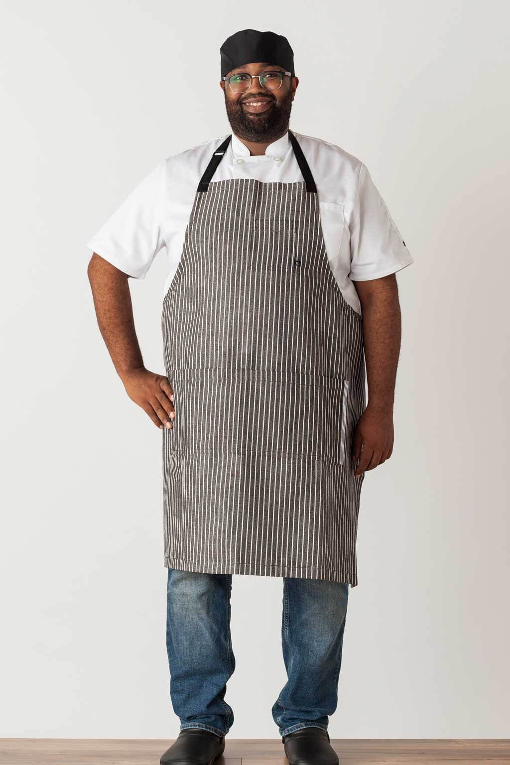 Classic Bib Apron, Cotton, Stripes, Front View, Men, Women, Cooks