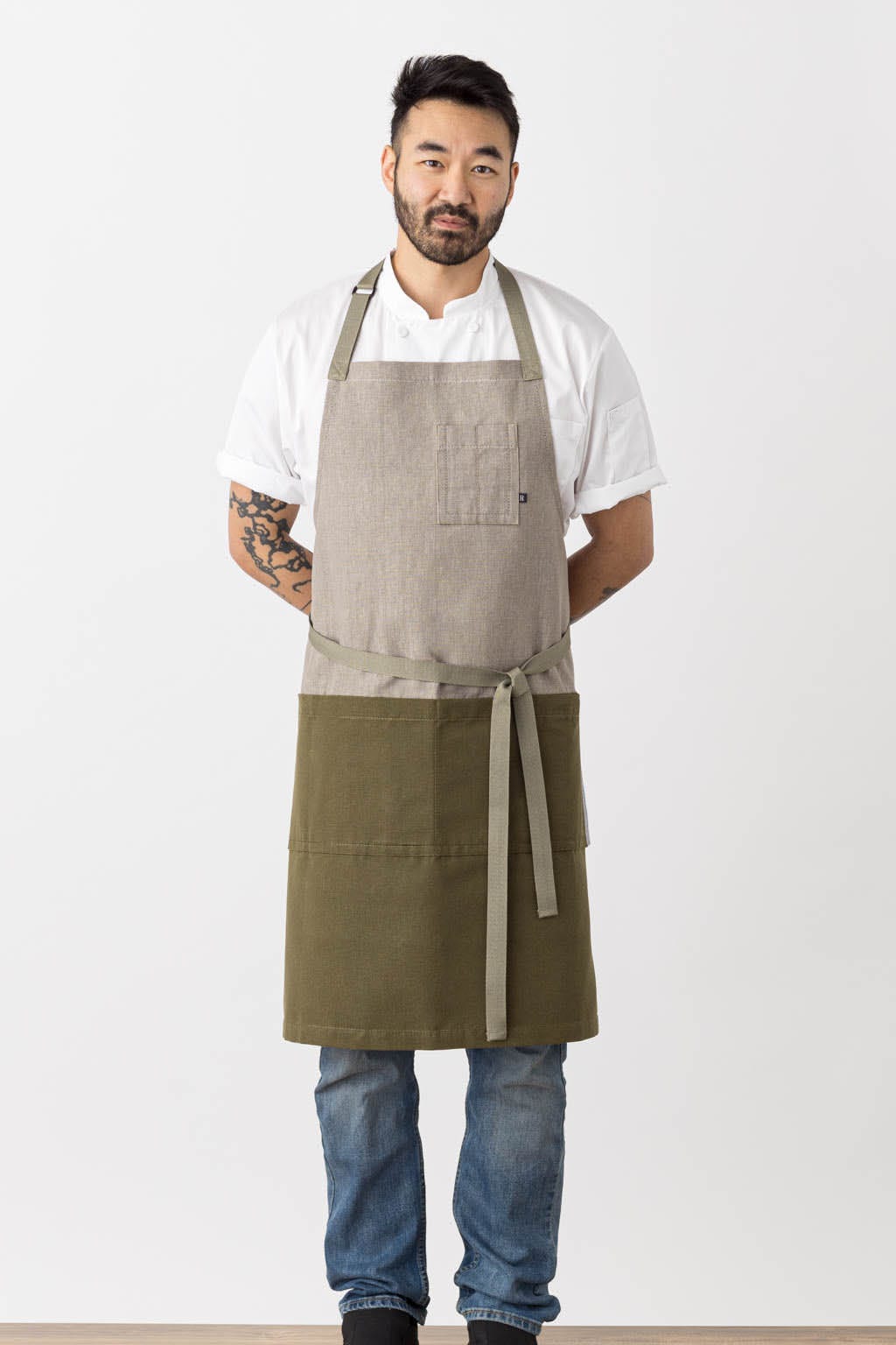 Classic Chef Apron, Cotton, 2 Tone - Olive Green, Front View, Men, Women, Cooks, Bulk Pricing