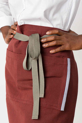 Server Waist Apron, 100% Cotton, Maroon Red, Tan Straps, Detail, Industry Pricing, Wholesale, Top Rated | Maroon / Tan / Bistro Middly