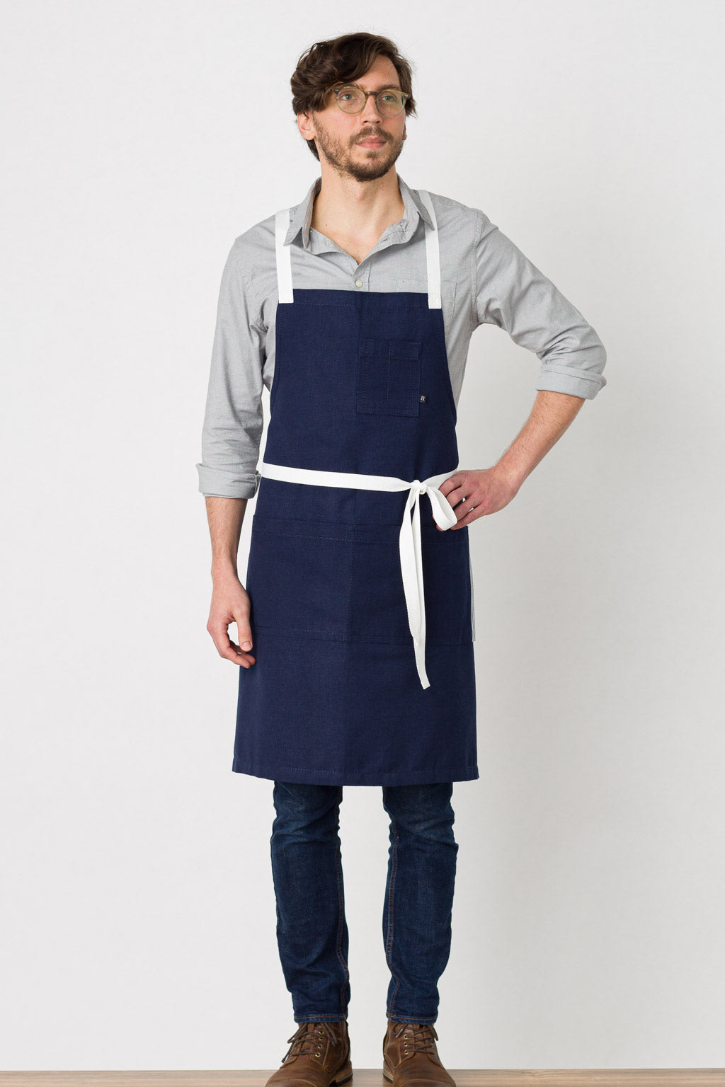 Cross-Back Chef Apron, Navy with White Straps, 34"L x 30"W, Men or Women