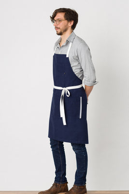 Classic Chef Apron, Navy with White Straps, 34"L x 30"W, Men or Women