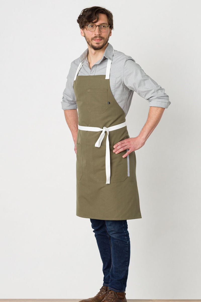 Classic Chef Apron, Wrinkle Resistant, Olive with White Straps, Poly-Cotton