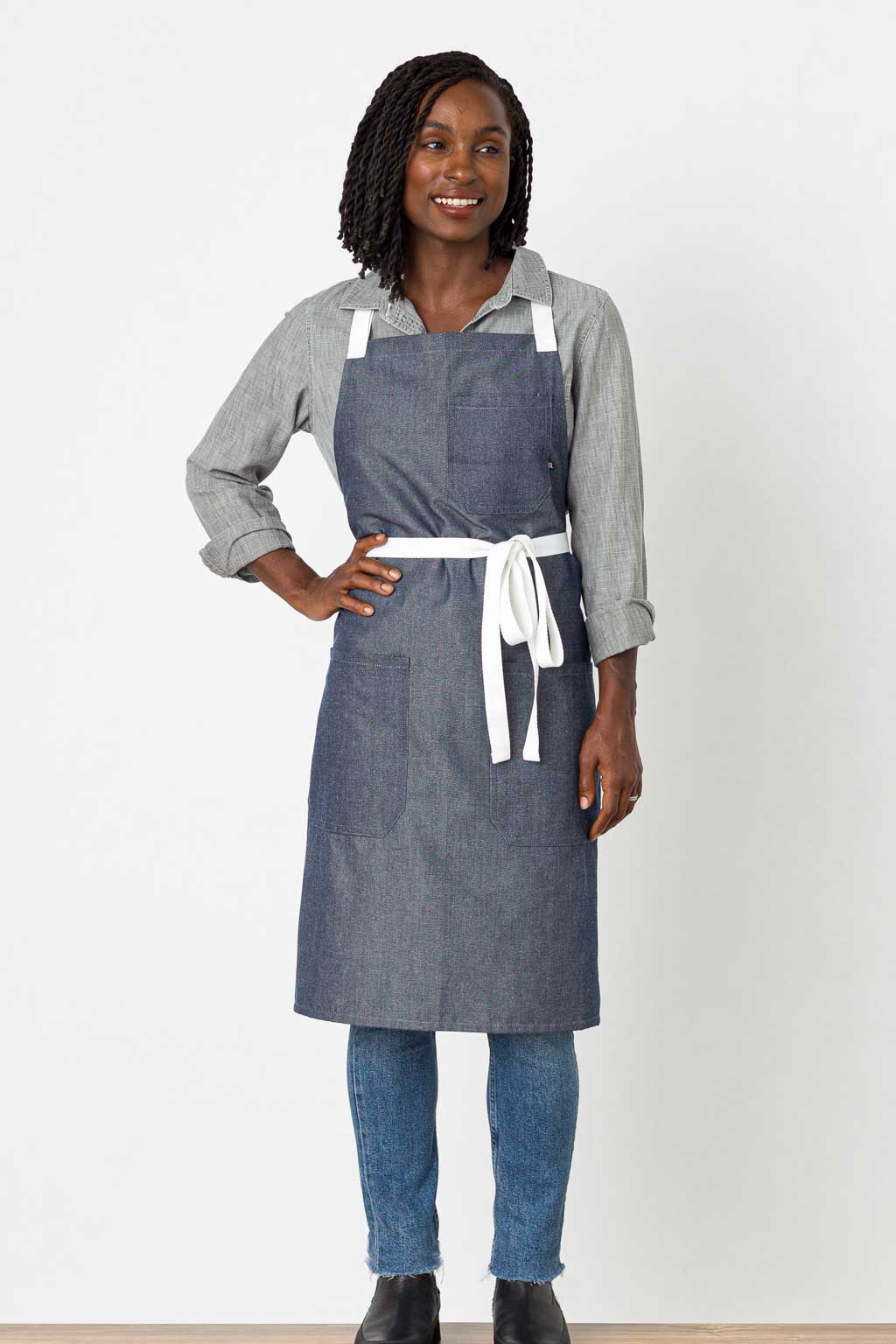 Classic Chef Apron, Wrinkle Resistant, Blue Denim with White Straps, Poly-Cotton
