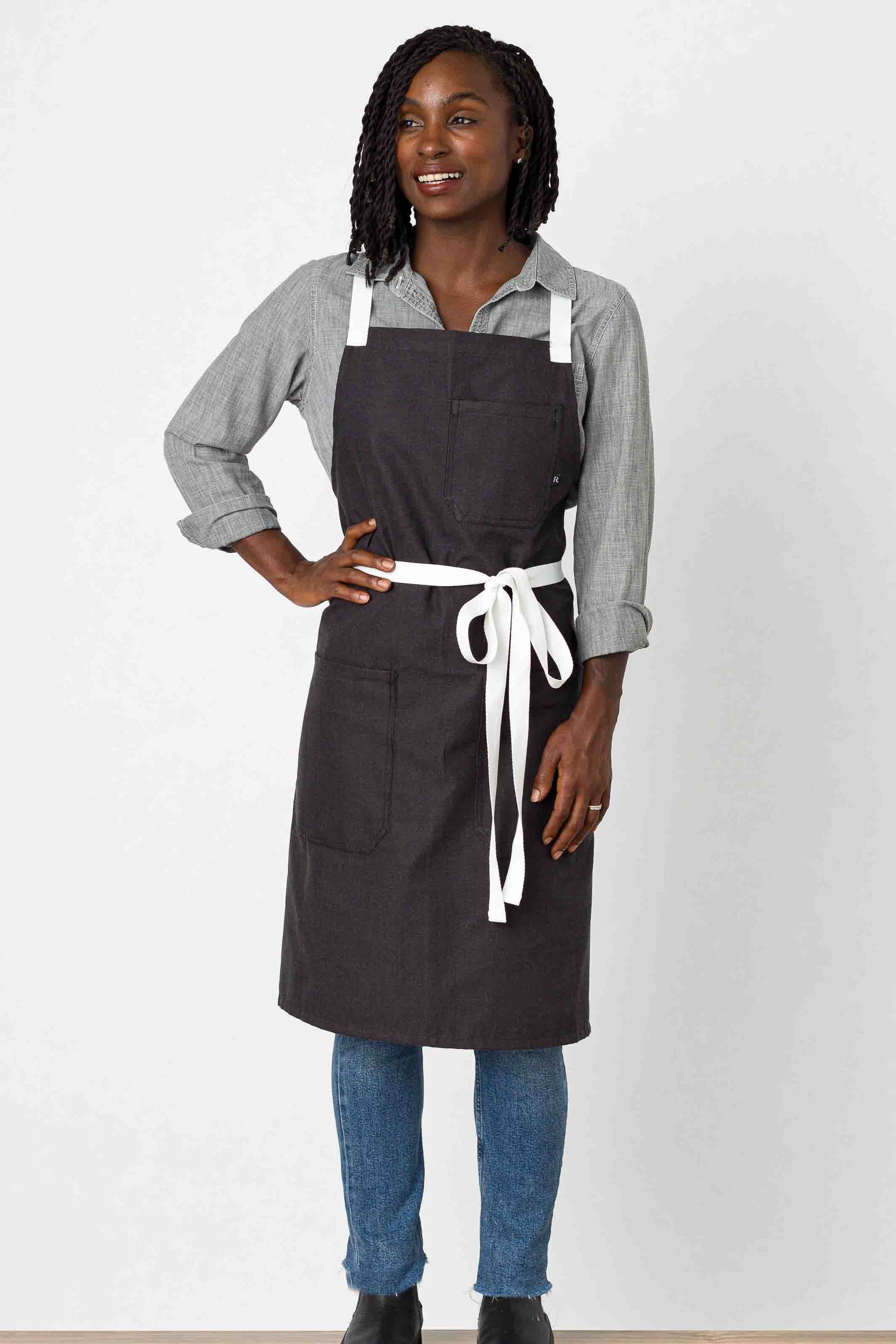Cross-Back Chef Apron, Wrinkle Resistant, Charcoal Black with White Straps, Poly-Cotton