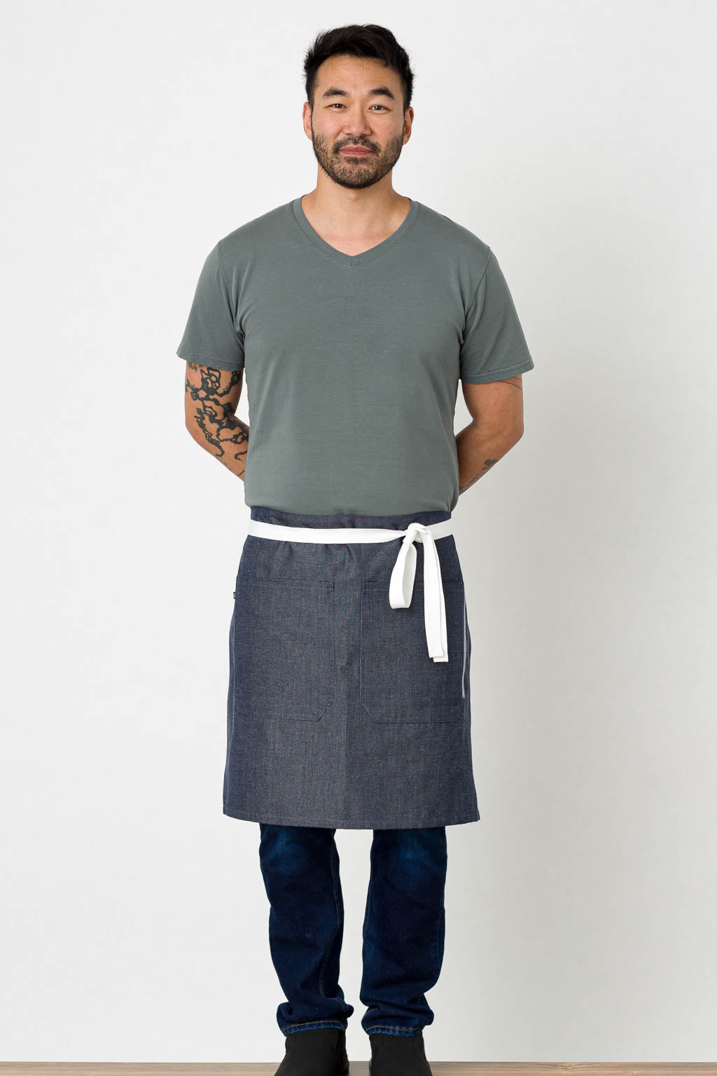 Bistro Middly Apron, Wrinkle Resistant, 20"L, Blue Denim with White Straps, Poly-Cotton