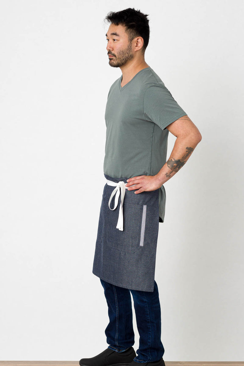 Bistro Middly Apron, Wrinkle Resistant, 20"L, Blue Denim with White Straps, Poly-Cotton