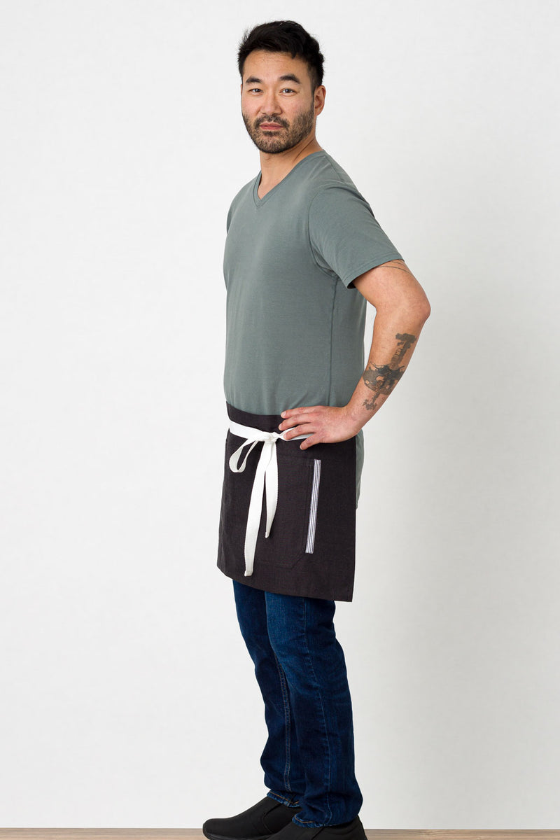 Bistro Shorty Apron, Wrinkle Resistant, 14"L, Charcoal Black with White Straps, Poly-Cotton