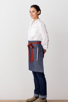 Bistro Middly Apron, 20"L, Blue Denim with Red Straps, Men and Women