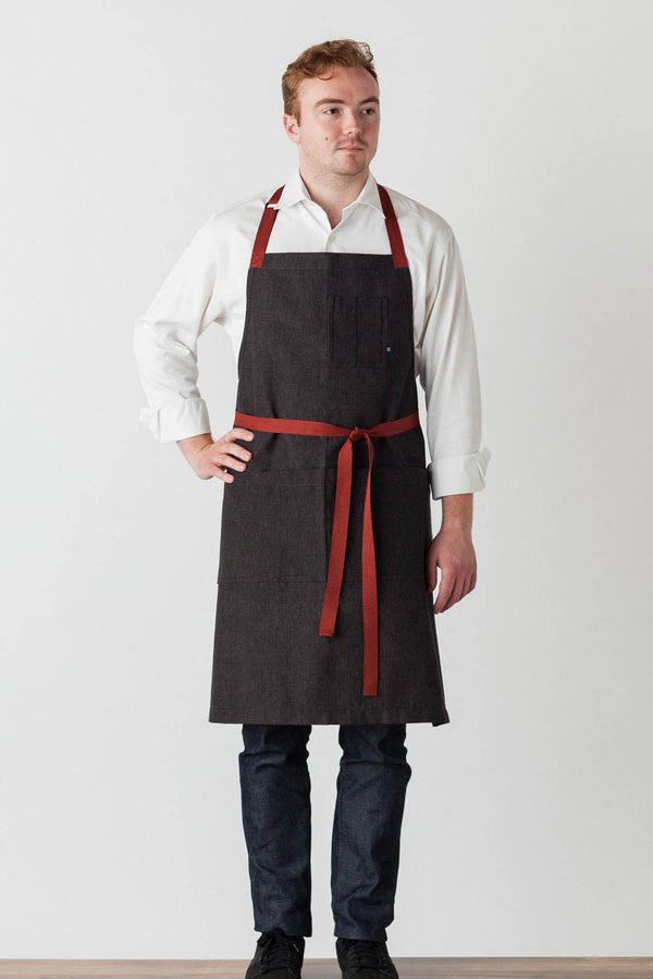 Chef Apron Charcoal Black Red Straps Wholesale Pricing