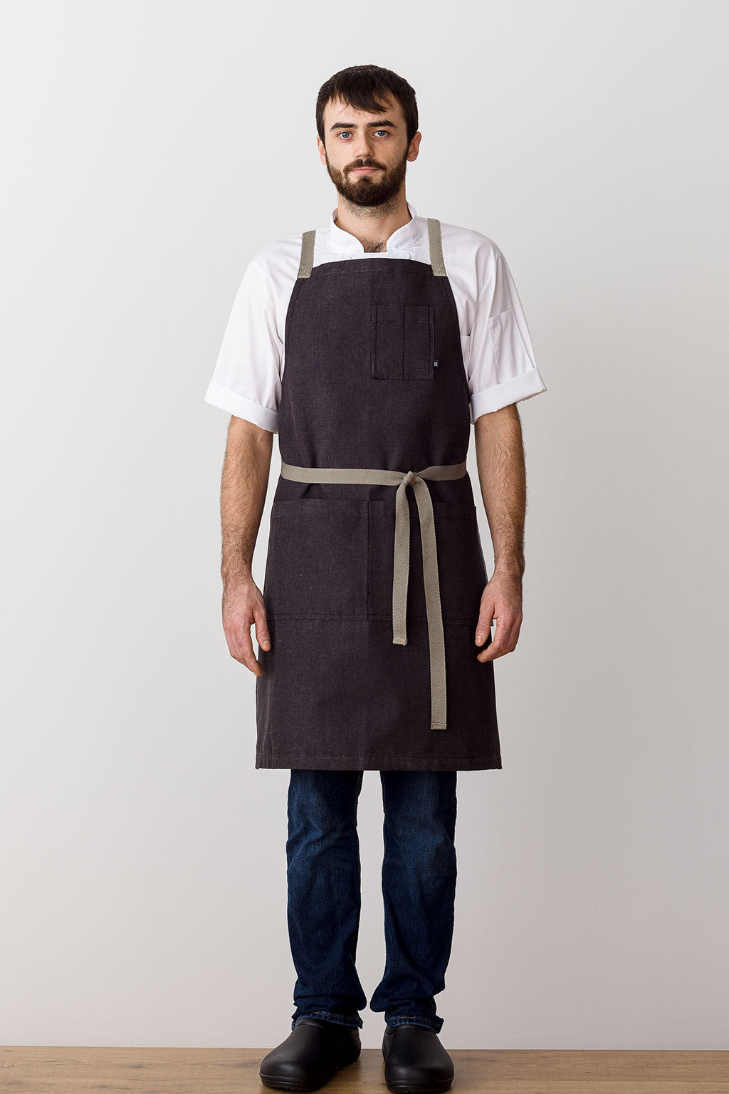 Cross Back Apron Comfortable Charcoal Black Tan Straps Durable Restaurant Quality Reluctant Threads