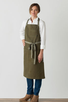 Chef Apron Classic Bib Olive Green Apron Tan Straps Reluctant Threads