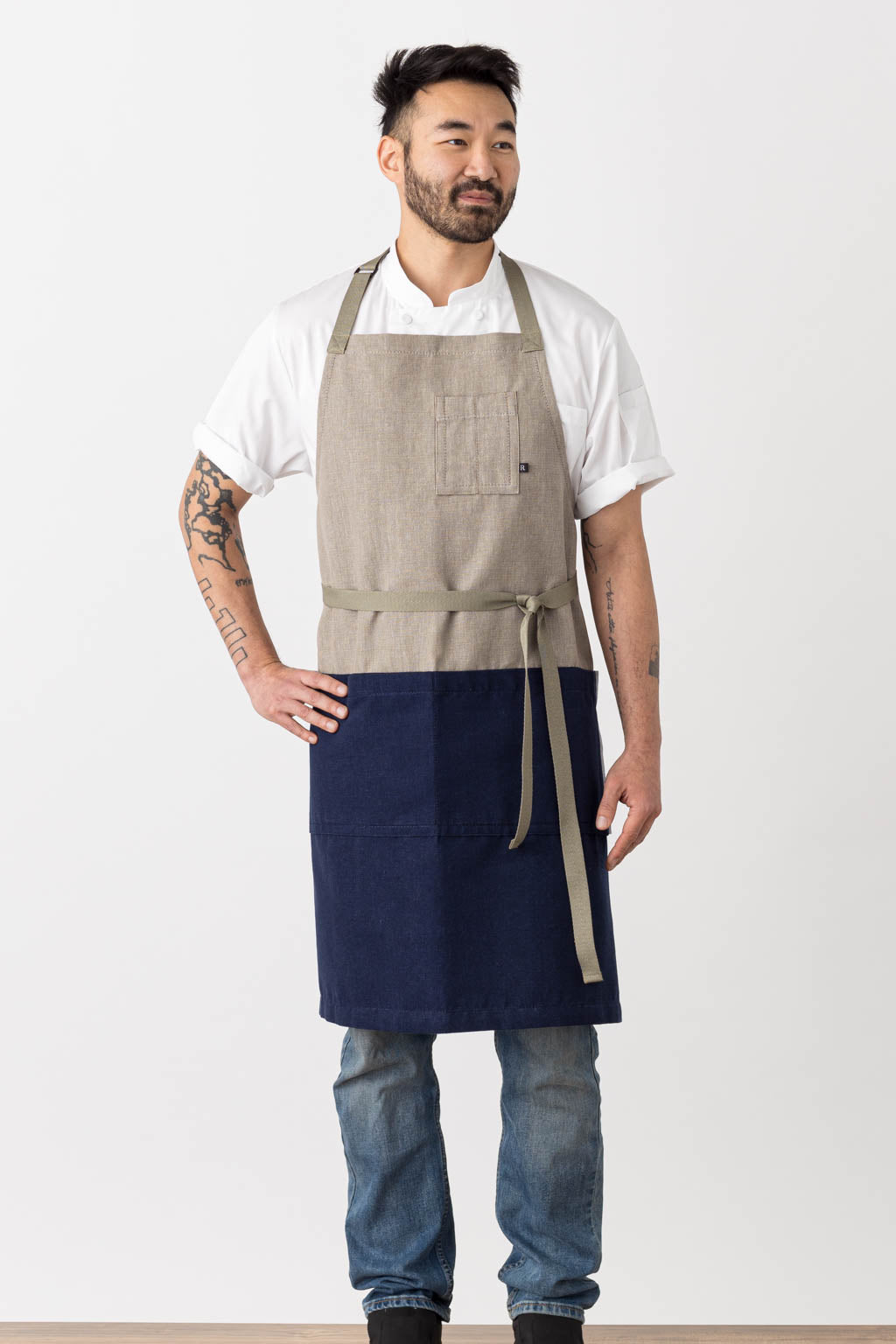 Modern Chef Apron Two Tone, Navy Blue and Tan, Restaurant Classic Bib, Industry Pricing, Cool Hip, Men, Women