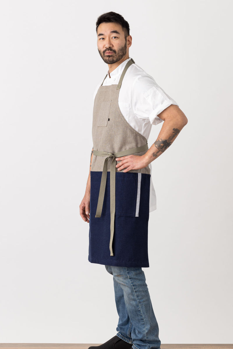 Modern Chef Apron Two Tone, Navy Blue and Tan, Restaurant Classic Bib, Industry Pricing, Cool Hip, Men, Women
