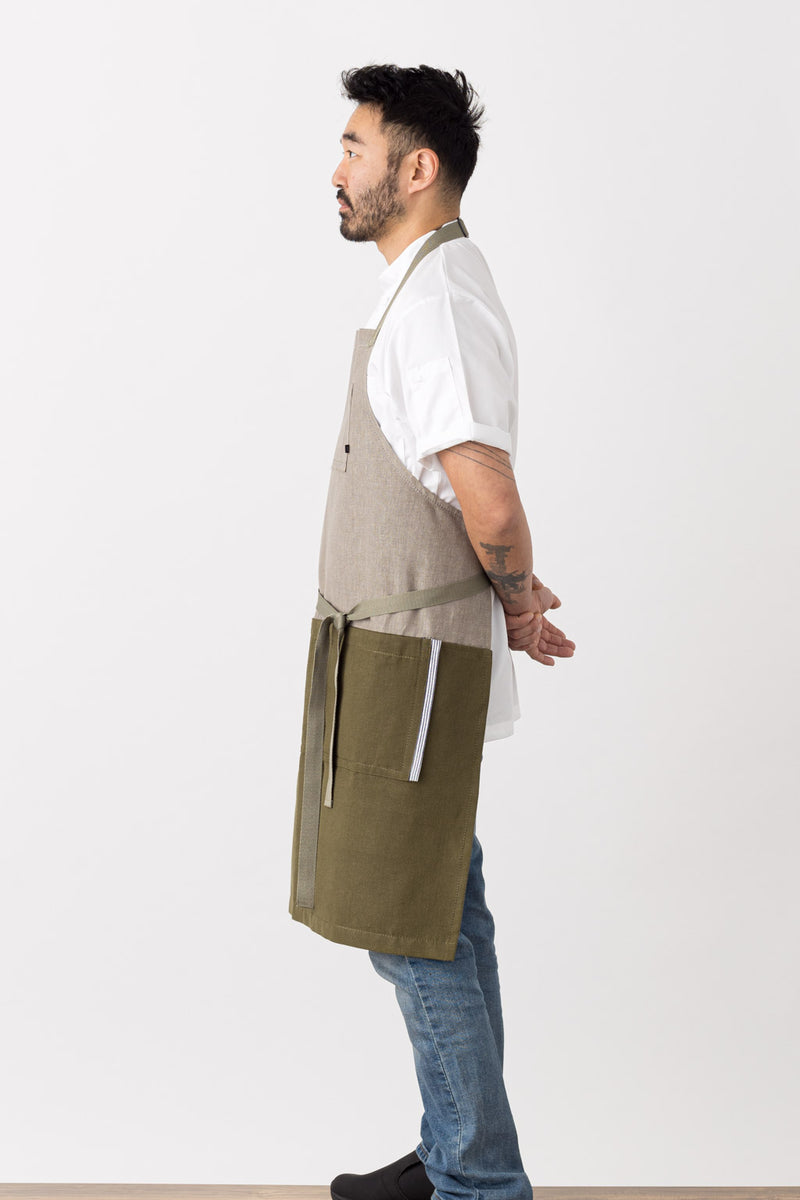Modern Chef Apron Two Tone, Olive Green and Tan, Restaurant Classic Bib, Industry Pricing, Cool Hip, Men, Women